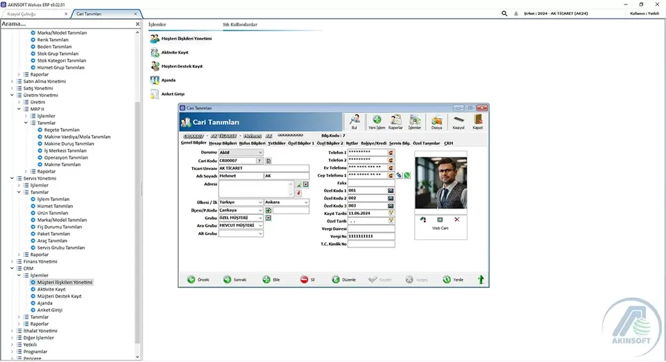 Wolvox ERP cari tanımları ekran görüntüsü